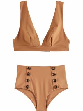 & Other Stories Bikini with Tortoiseshell Buttons - High-Waist Bottoms - Camel